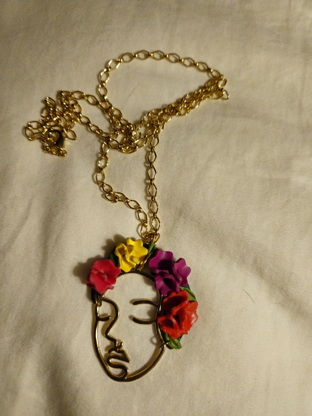 Gold Floral Face Pendant Necklace - Multicolor
